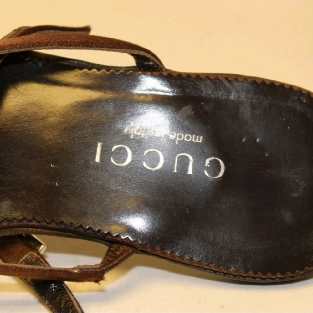 Gucci Sandals 7.5 Italy Made Brown Satin Chain Ankle Strap Shoes - Picture 13 of 14